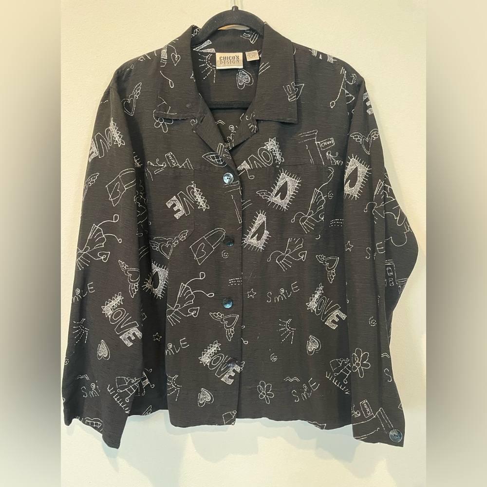 CHICOS Womens Button Down Shirt Love Smole Print 70%Silk 30%Linen Black Size 3